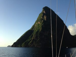 View of the Pitons from Pacific Wave moored in the Unesco World Heritage Site