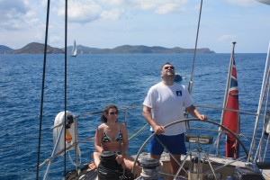 Couple sailing in the BVI onboard Pacific Wave