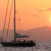 Sunset behind SY Pacific Wave