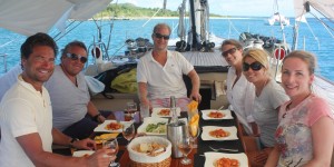 SY Pacific Wave Charter Guests Dining Ondeck