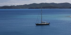SY Pacific Wave anchored off JVD with St John USVI in the distance